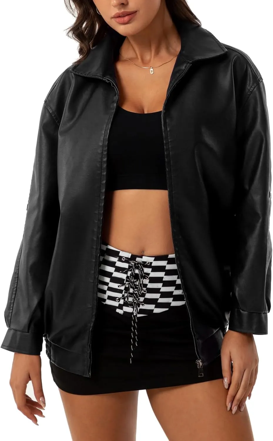 Womens Oversized Faux Leather Jackets Fashion Zip Up Motorcycle Loose Fit Jacket Fall Trendy Outfits