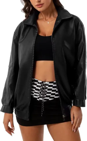 Womens Oversized Faux Leather Jackets Fashion Zip Up Motorcycle Loose Fit Jacket Fall Trendy Outfits