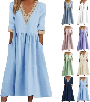 Women's Summer Casual Linen Dress Lace V Neck Half Sleeve A-Line Sundresses Pleated Flowy Loose Fit Midi Dresses