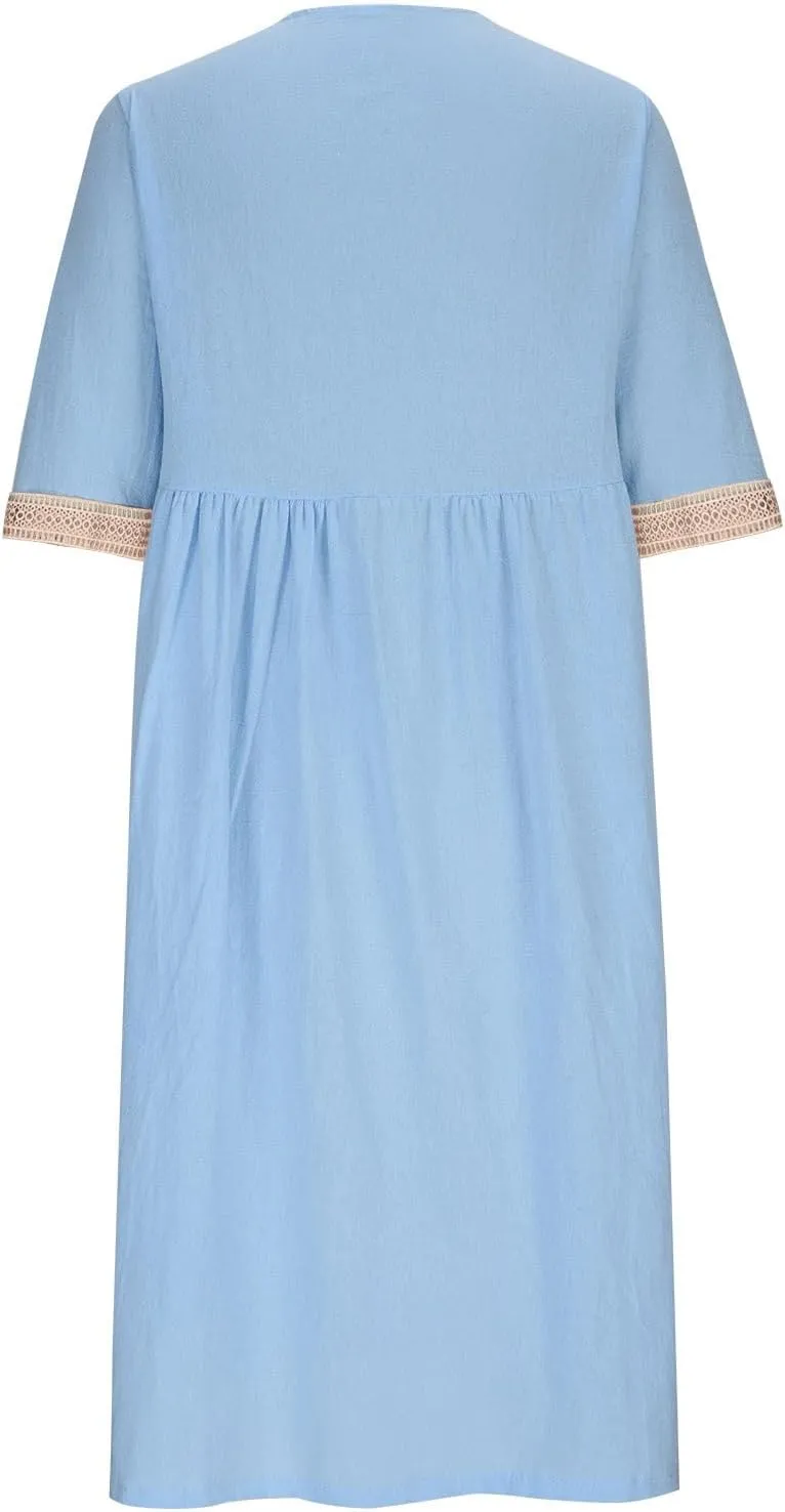 Women's Summer Casual Linen Dress Lace V Neck Half Sleeve A-Line Sundresses Pleated Flowy Loose Fit Midi Dresses