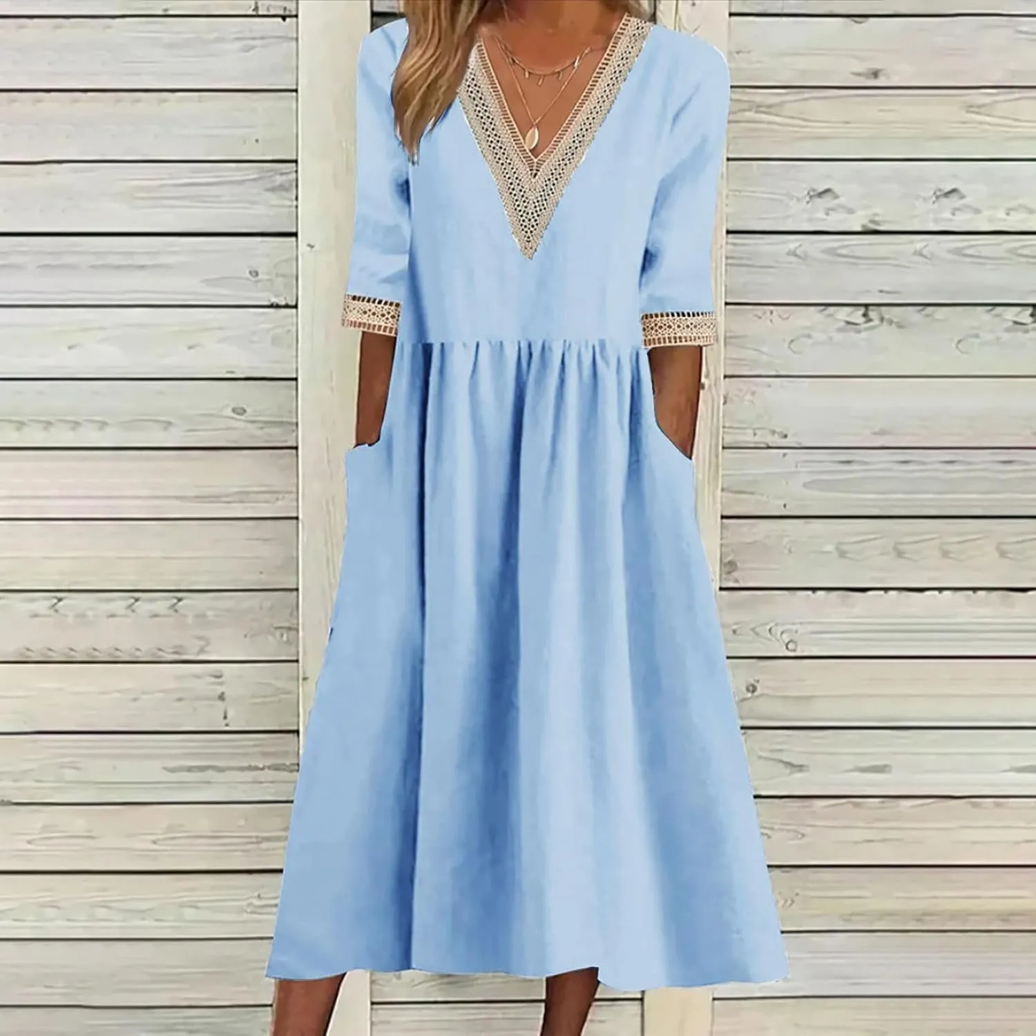 Women's Summer Casual Linen Dress Lace V Neck Half Sleeve A-Line Sundresses Pleated Flowy Loose Fit Midi Dresses