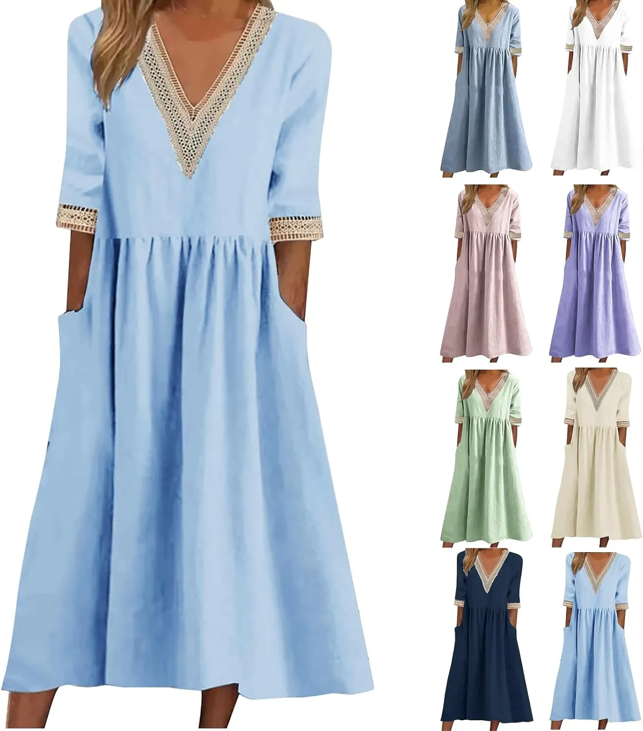 Women's Summer Casual Linen Dress Lace V Neck Half Sleeve A-Line Sundresses Pleated Flowy Loose Fit Midi Dresses