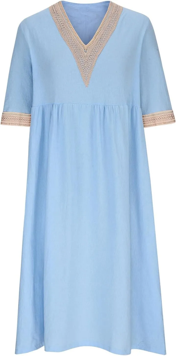 Women's Summer Casual Linen Dress Lace V Neck Half Sleeve A-Line Sundresses Pleated Flowy Loose Fit Midi Dresses