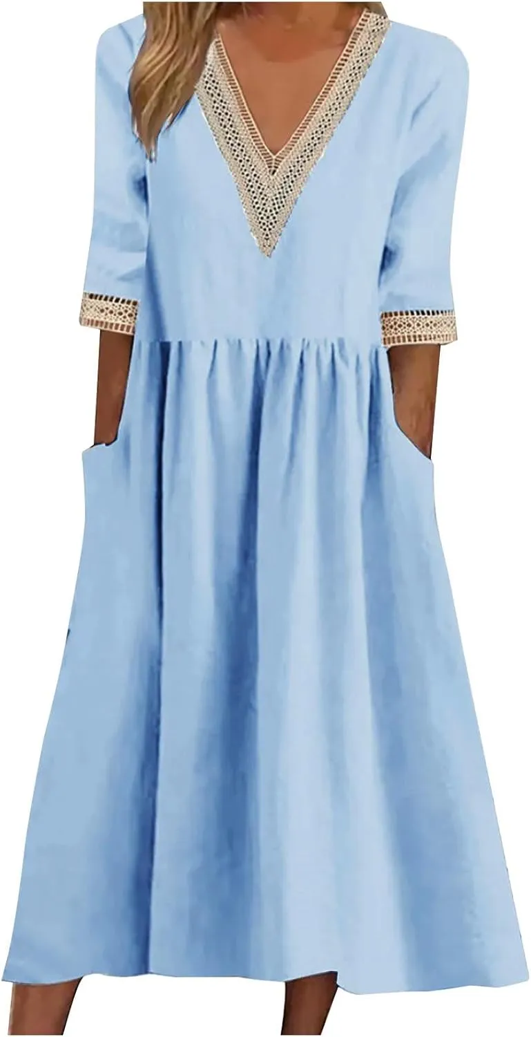 Women's Summer Casual Linen Dress Lace V Neck Half Sleeve A-Line Sundresses Pleated Flowy Loose Fit Midi Dresses