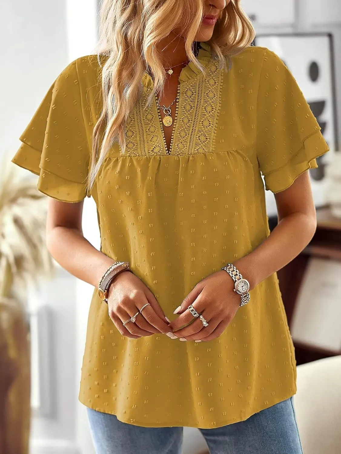 Womens Tops Butterfly Sleeve V Neck Blouses for Women Dressy Casual Flowy Swiss Dot Ruffle Short Sleeve Shirts