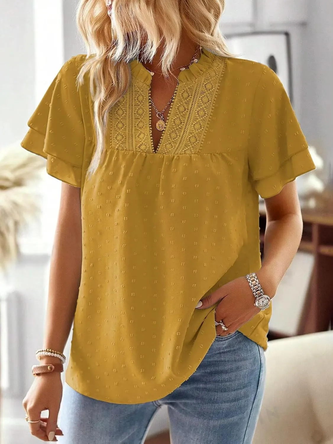 Womens Tops Butterfly Sleeve V Neck Blouses for Women Dressy Casual Flowy Swiss Dot Ruffle Short Sleeve Shirts