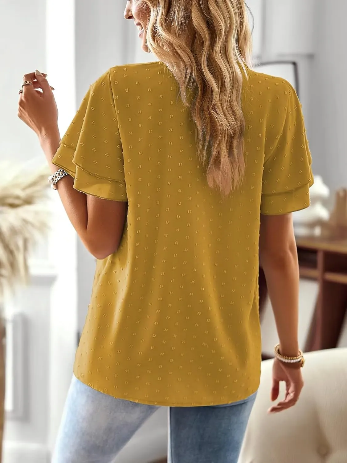 Womens Tops Butterfly Sleeve V Neck Blouses for Women Dressy Casual Flowy Swiss Dot Ruffle Short Sleeve Shirts