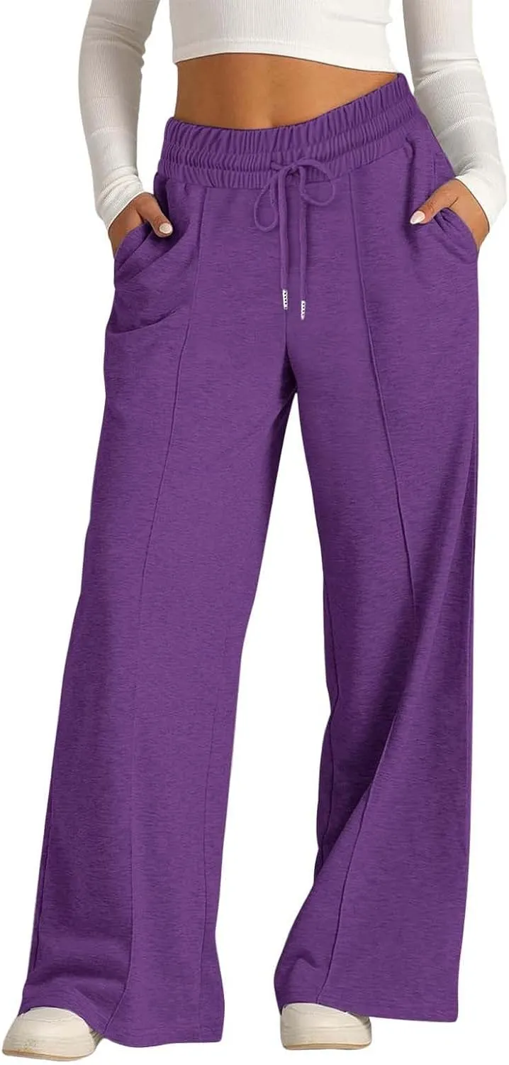 Womens Wide Leg Sweatpants High Waist Cotton Baggy Casual Drawstring Waist Running Lounge Pants with Pockets