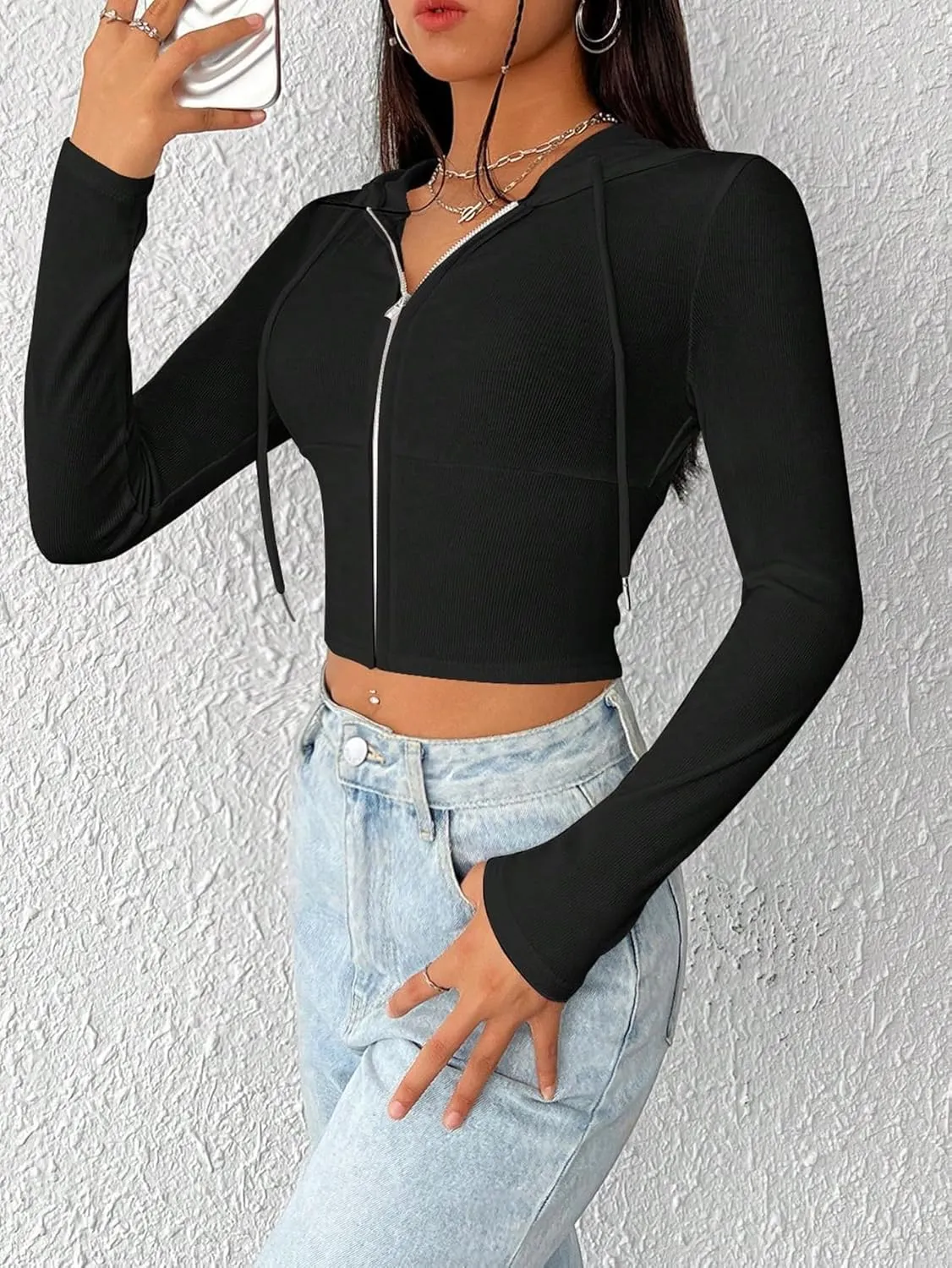 Women's Zip Up Hoodie Cropped Sweatshirt Y2K Crop Tops Fall Outfits 2024 Trendy Casual Jackets